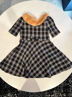 Janie and Jack Black and White Plaid Coat with Tan Faux Fur